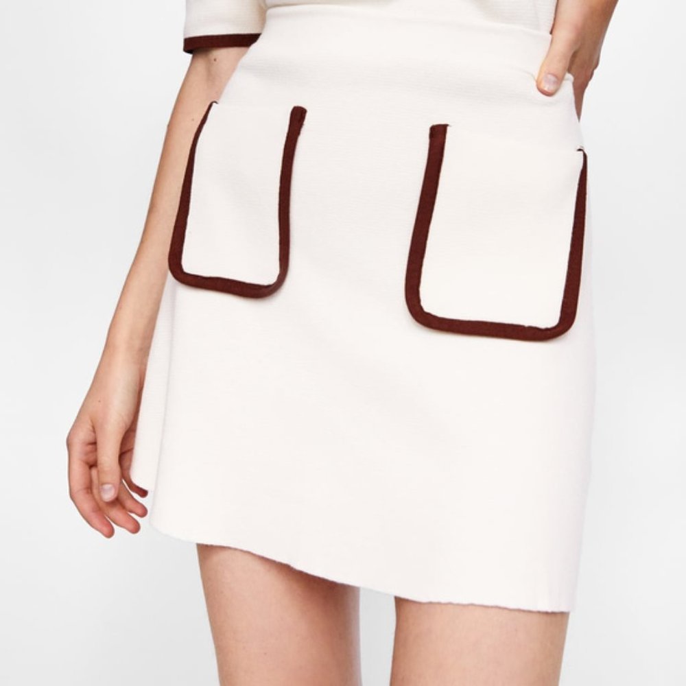 Zara Knit Cream & Brown A-Line Mini Skirt NWT